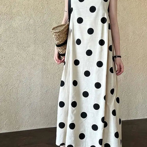 Load image into Gallery viewer, Women White Dot Printed Pleated Big Size Elegant Dress New Round Neck Sleeveless Fashion Tide Spring Summer 2025 1DJ0367
