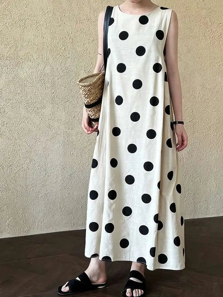 Women White Dot Printed Pleated Big Size Elegant Dress New Round Neck Sleeveless Fashion Tide Spring Summer 2025 1DJ0367