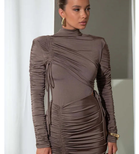 Elegant Long Sleeved Elastic Tight Pleated Maxi Dress Women Slim Party Club Evening Dress Autumn Winter New 2024 Vestido