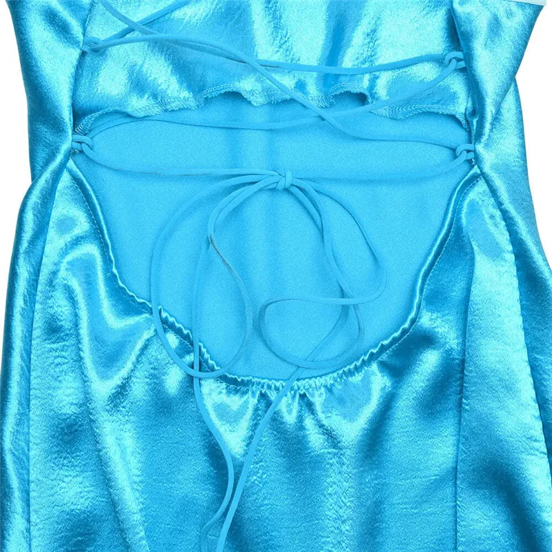 Patchwork Sleeveless Sexy Mini Dress For Women Robe Satin Strapless Backless Lace-up High Waist A-line Club Dress