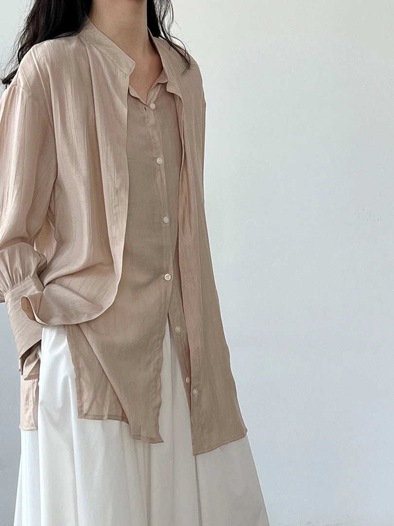 Women Apricot Irregular Cross Big Size Blouse New Stand Collar Long Sleeve Shirt Fashion Tide Spring Autumn 2025 1DJ1690