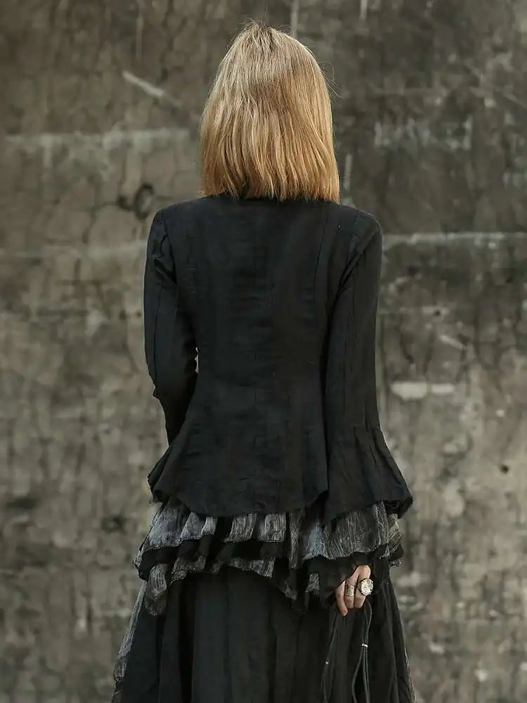 Women Black Mesh Printed Irregular Blouse New Stand Collar Long Sleeve Loose Fit Shirt Fashion Spring Autumn 2025 1DF6824