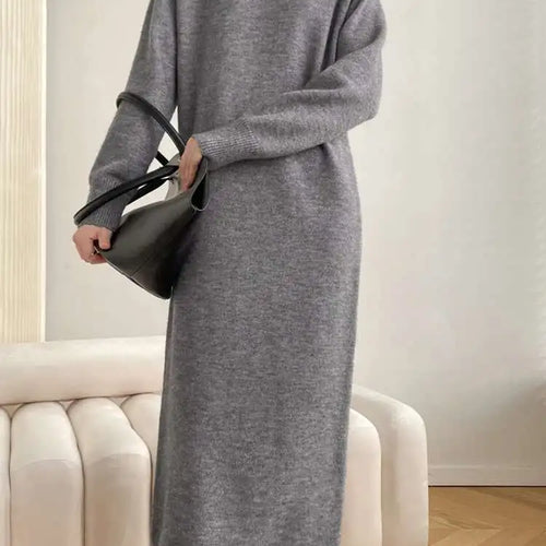 Load image into Gallery viewer, Women Rose Red Casual Midi Elegant Knitting Dress New Round Neck Long Sleeve Fashion Tide Spring Autumn 2025 1DH6450
