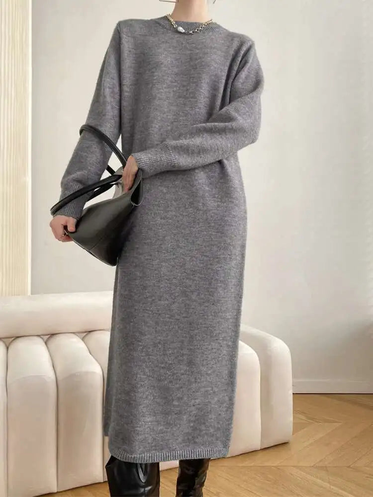 Women Rose Red Casual Midi Elegant Knitting Dress New Round Neck Long Sleeve Fashion Tide Spring Autumn 2025 1DH6450