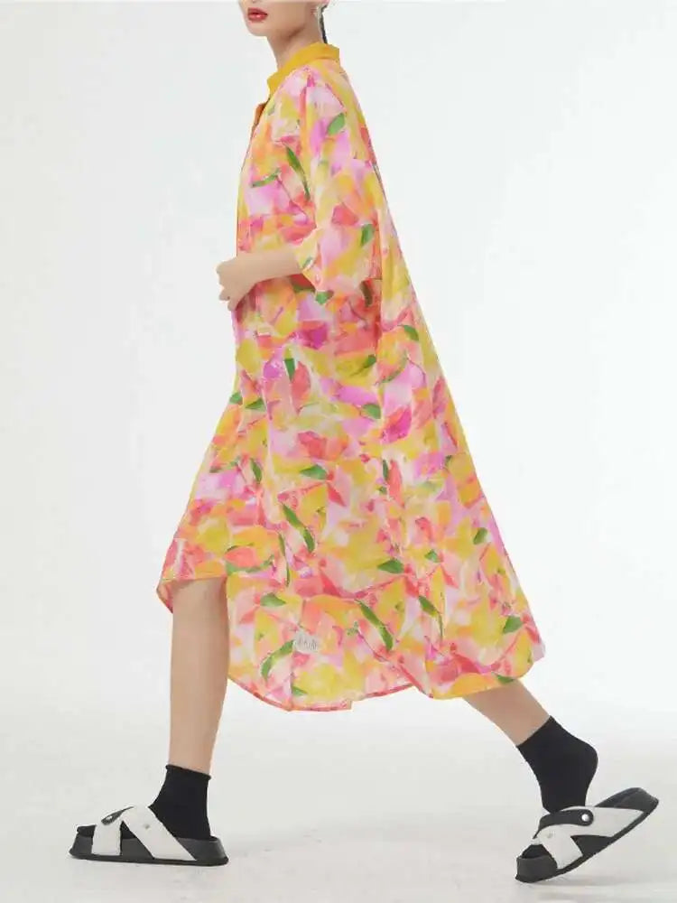 Women Blue Printed Big Size Midi Floral Dress New Stand Collar Short Sleeve Loose Fit Fashion Spring Summer 2025 1DF9379