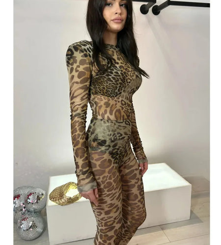 Sexy Elastic Tight Long Sleeved Leopard Print Long Pants Two-piece Set Women Slim Party Nightclub 2025 Spring New Set