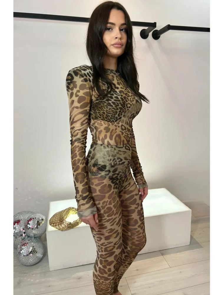 Sexy Elastic Tight Long Sleeved Leopard Print Long Pants Two-piece Set Women Slim Party Nightclub 2025 Spring New Set