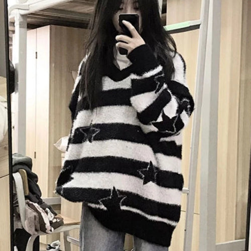 Load image into Gallery viewer, 2025 Detachable Sleeve Gothic Sweaters Women Harajuku Knitted Oversized Striped Jumper Y2k Aesthetic Star Grunge Tops Streetwear
