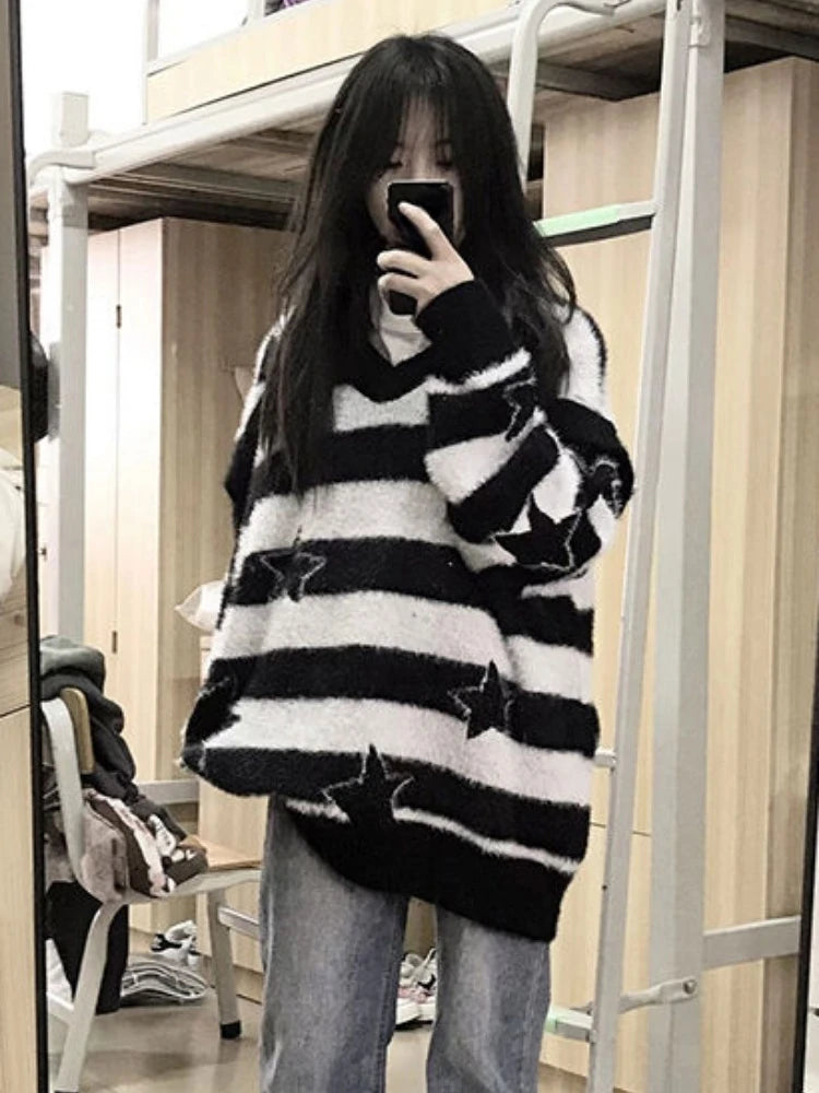 2025 Detachable Sleeve Gothic Sweaters Women Harajuku Knitted Oversized Striped Jumper Y2k Aesthetic Star Grunge Tops Streetwear