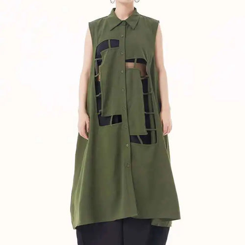 Load image into Gallery viewer, Women Army Green Hollow Out Big Size Midi Casual Dress New Lapel Sleeveless Fashion Tide Spring Summer 2025 1DH9512
