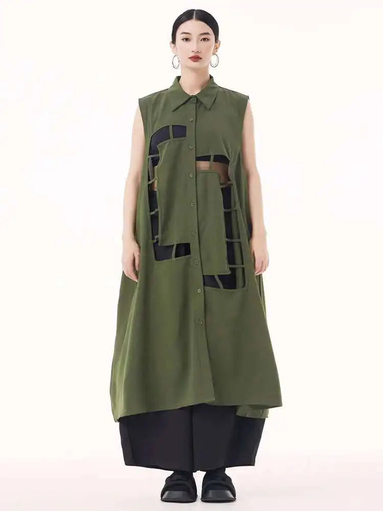 Women Army Green Hollow Out Big Size Midi Casual Dress New Lapel Sleeveless Fashion Tide Spring Summer 2025 1DH9512