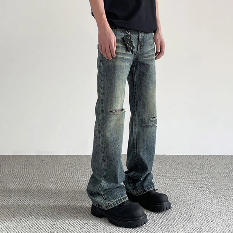 Hole Male Jeans American Stylish Cleanfit Denim Pants New Spring Summer High Street Micro Flared Trendy Toursers 9W1427