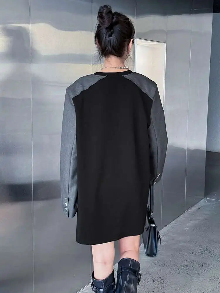 Women Black Color-block Blazer Fabric Elegant Mini Dress New Round Neck Long Sleeve Fashion Spring Autumn 2025 1DH9822