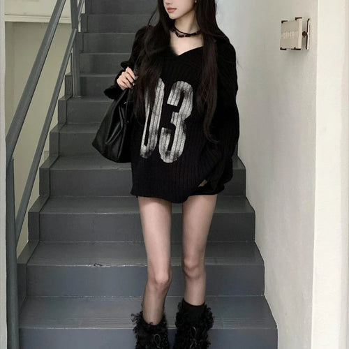 Load image into Gallery viewer, Casual Grunge Harajuku Knitted Sweaters 2025 Off Shoulder Black Letter Printing Jumpers Y2k Aesthetic Vintage Loose Pullovers
