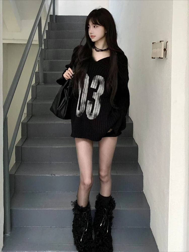 Casual Grunge Harajuku Knitted Sweaters 2025 Off Shoulder Black Letter Printing Jumpers Y2k Aesthetic Vintage Loose Pullovers