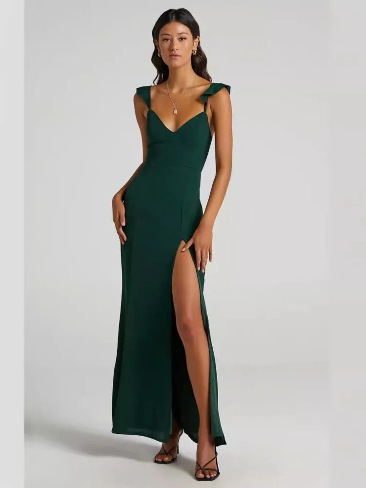 Elegant Sleeveless High Slit Bodycon Party Club Evening Dress Women Pleated High Waisted Vestido Sexy Slim Long Dress