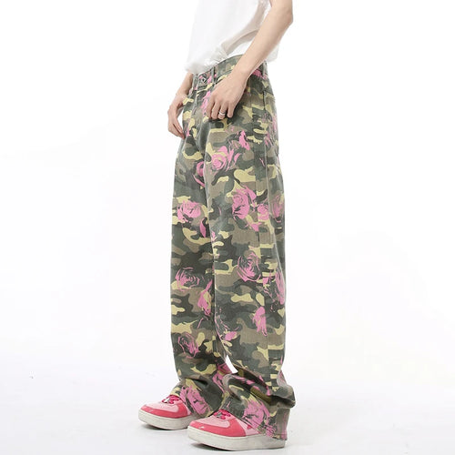 Load image into Gallery viewer, Niche Men&#39;s Denim Pants Rose Printing Camouflage Contrast Color Loose Trousers Straight Wide Leg Casual Male Jeans 9C8898
