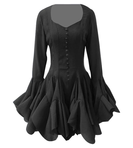 Solid Spliced Button Slimming Mini Dresses For Women Square Neck Long Sleeve High Waist Temperament Dress Female