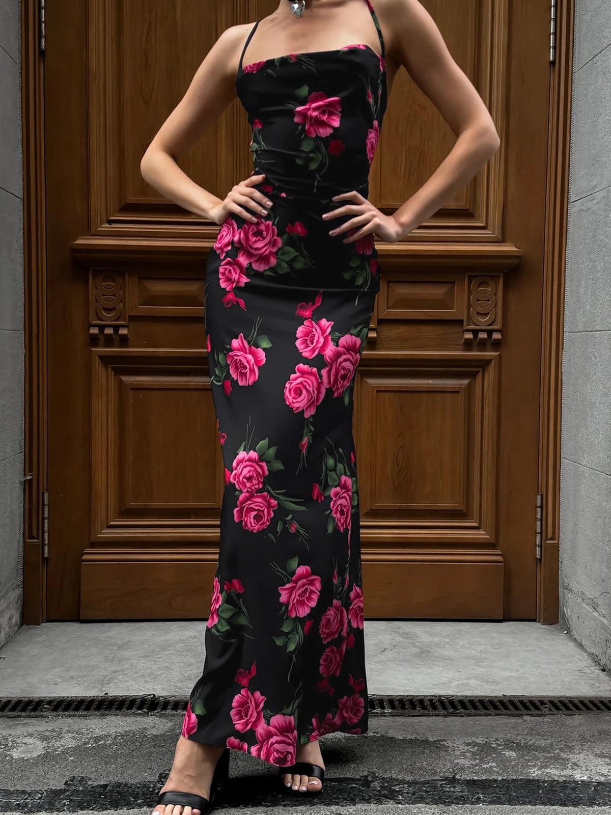 Floral Print Slips Backless Lace Up Sexy Bodycon Maxi Prom Dress Summer Women Elegant Clothes Birthday Party Festival