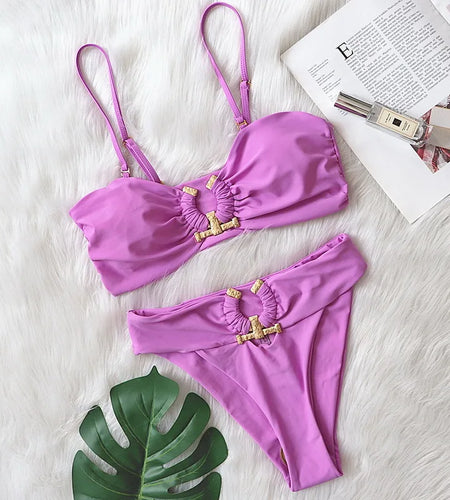 Sexy 7 Colors Push Up Bikini Women Swimwear Metal Bandeau Thong Bikini Brazilian Swimsuit Female Bathing Suit