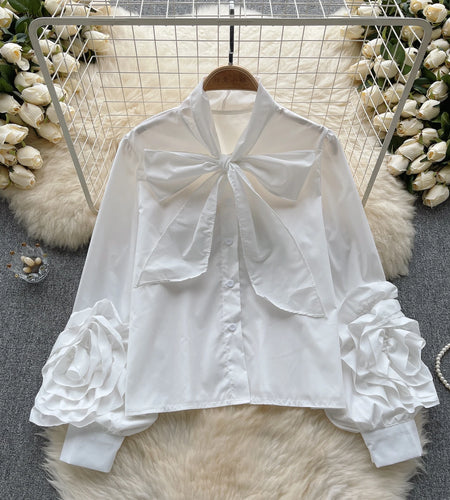 Vintage Solid Women Single Breasted Shirt Long Sleeve Bow Neck Office Lady Elegant Blouses Female Fashion Clothes 2023 Autumn