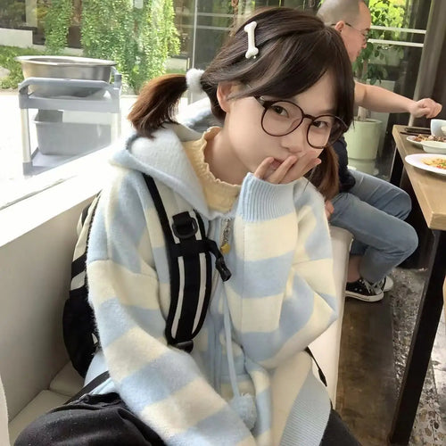 Load image into Gallery viewer, Japanese Kawaii Cartoon Dog Embroidery Knited Cardigan Women All Match Striped Sweater Jackets Hooded Coats Kardigany
