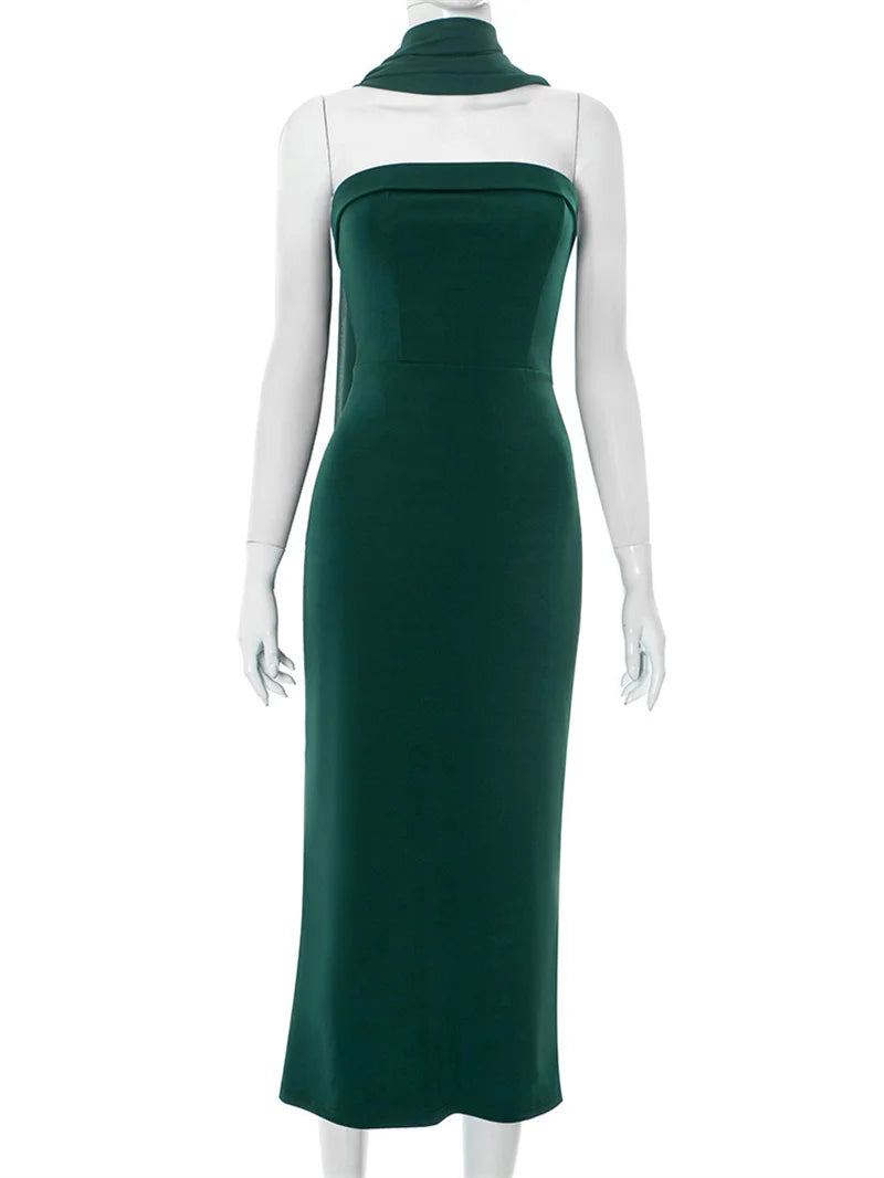 Scarf Collar Strapless Sexy Maxi Dress Women Gown Off-shoulder Sleeveless Backless Bodycon Club Party Long Dress 2025