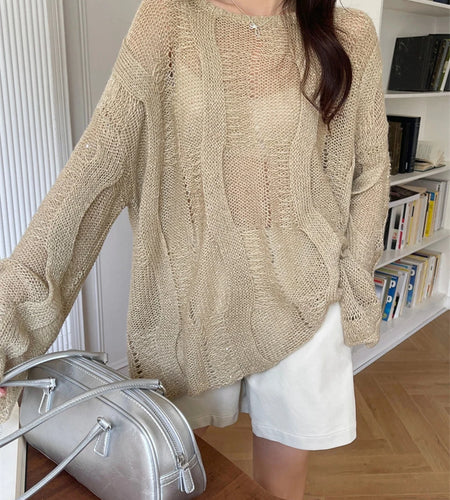 Beige Thin Big Size Hollow Out Sweater Round Neck Long Sleeve Women Pullovers New Fashion Tide Spring Autumn 2025 1DH9646