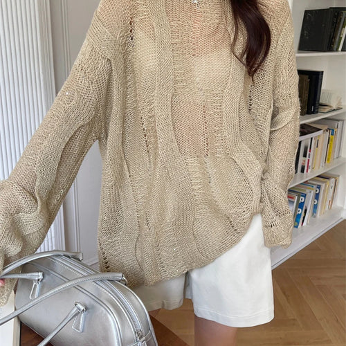 Load image into Gallery viewer, Beige Thin Big Size Hollow Out Sweater Round Neck Long Sleeve Women Pullovers New Fashion Tide Spring Autumn 2025 1DH9646
