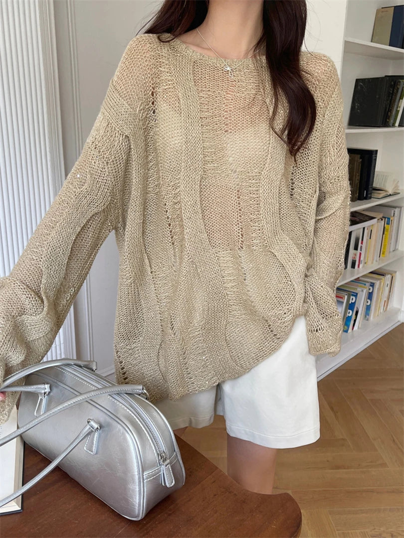 Beige Thin Big Size Hollow Out Sweater Round Neck Long Sleeve Women Pullovers New Fashion Tide Spring Autumn 2025 1DH9646