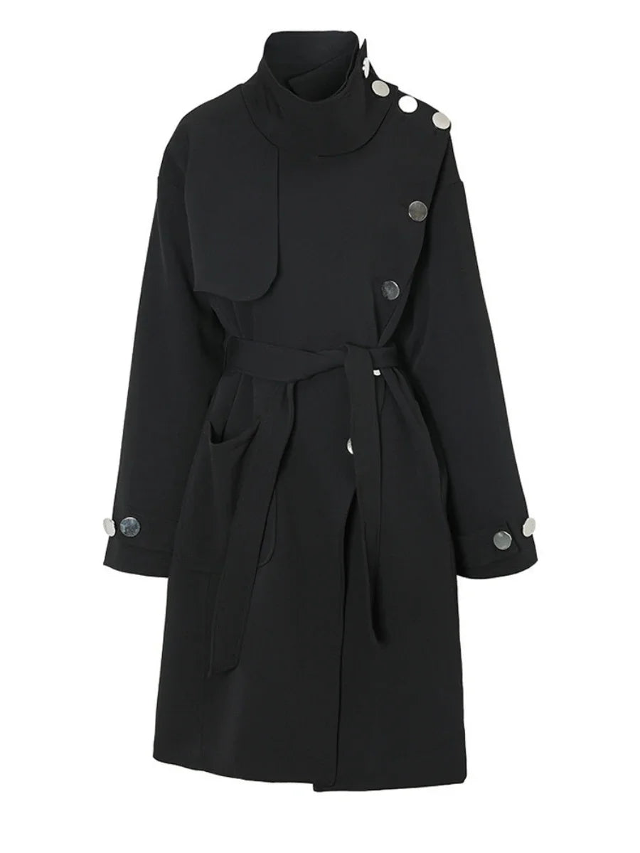 Solid Spliced Button Chic Trench for Women Stand Neck Long Sleeve High Waist Elelgant Long Coats Female