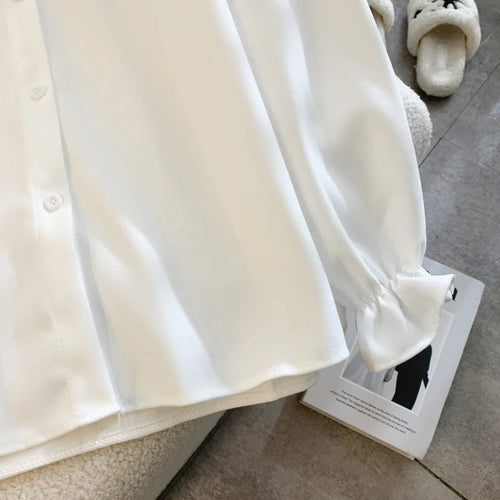 Load image into Gallery viewer, 2024 Autumn Winter Women Beige Patchwork Shirt White Long Sleeve Cute Doll Collar Blouse Female Versatile Preppy Style Tops Chic
