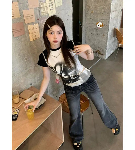 Summer Tees Fashion Tshirts for Women Short Sleeve O-neck Contrast Color  Y2k T Shirt Casual T Shirt Crop Tops 2024 Ropa Mujer