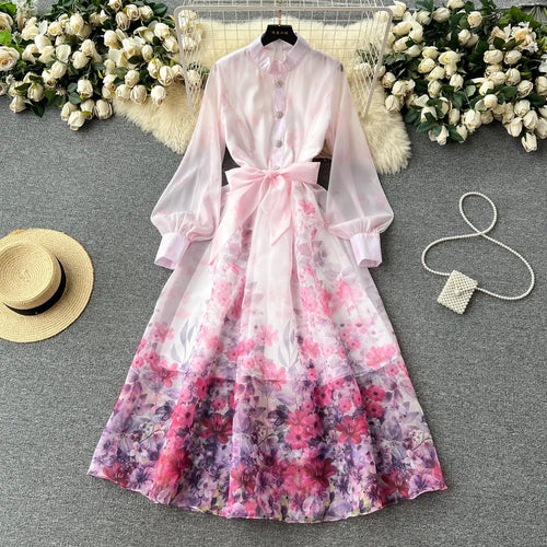 Load image into Gallery viewer, Autumn 2024 Retro Fashion Pink Flower Single Breasted Elegant Long Dress Women Blue Stand Neck Long Sleeve Print Bohemian Dress
