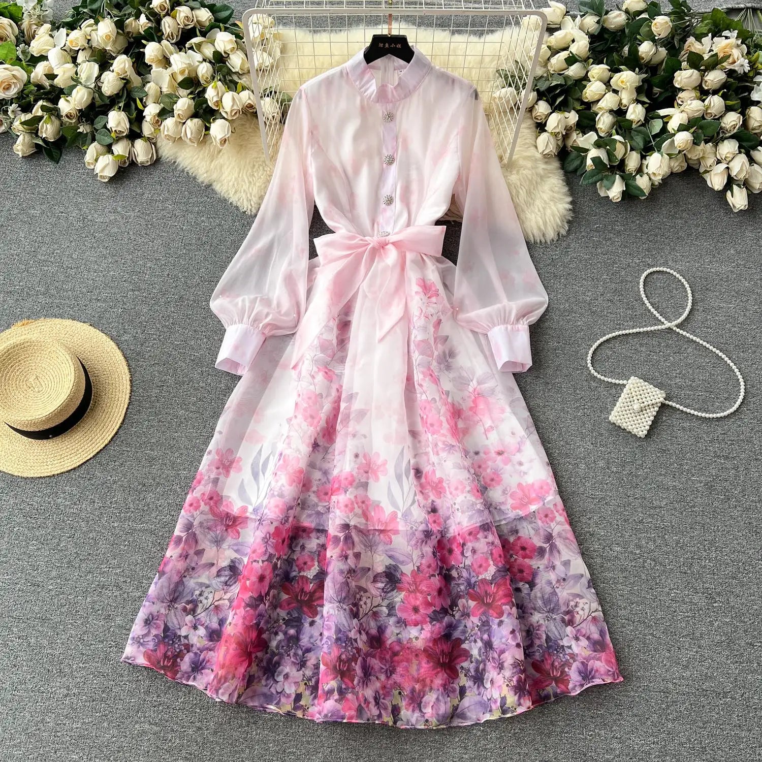Autumn 2024 Retro Fashion Pink Flower Single Breasted Elegant Long Dress Women Blue Stand Neck Long Sleeve Print Bohemian Dress
