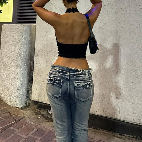 Load image into Gallery viewer, Halter Sleeveless Crop Top Vest 2024 Summer Women Lace Patchwork Sexy Rhinestones Y2K Vintage Elegant Club
