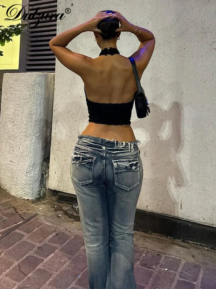 Halter Sleeveless Crop Top Vest 2024 Summer Women Lace Patchwork Sexy Rhinestones Y2K Vintage Elegant Club