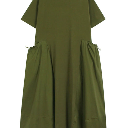 Load image into Gallery viewer, Women Green Drawstring Pocket Big Size Midi Dress New Round Neck Short Sleeve Fashion Tide Spring Summer 2025 1DJ1355
