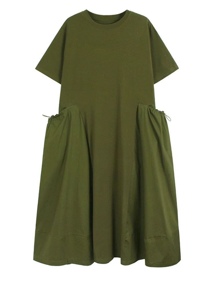 Women Green Drawstring Pocket Big Size Midi Dress New Round Neck Short Sleeve Fashion Tide Spring Summer 2025 1DJ1355