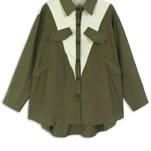 Load image into Gallery viewer, Women Green Color-block Pocket Big Size Casual Blouse New Lapel Long Sleeve Shirt Fashion Tide Spring Autumn 2025 1DH4567
