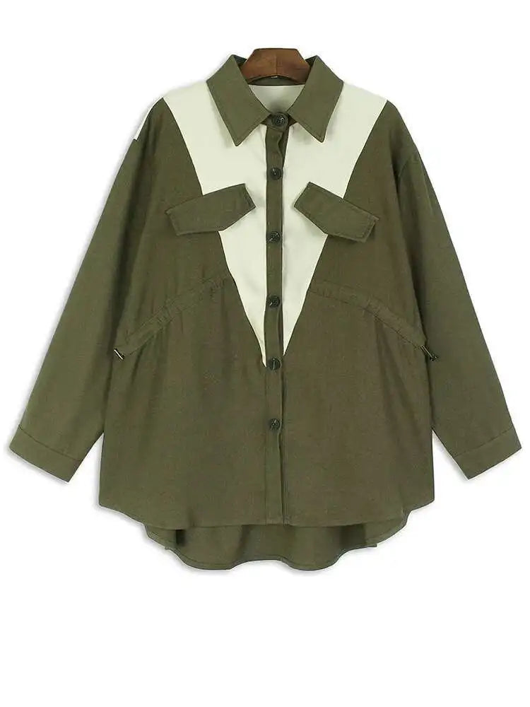 Women Green Color-block Pocket Big Size Casual Blouse New Lapel Long Sleeve Shirt Fashion Tide Spring Autumn 2025 1DH4567