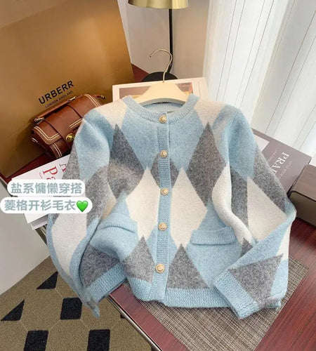 Vintage Women Sweet Patchwork Cardigan Fashion Diamond Grid Sweaters Autumn Winter Elegant Button Long-sleeved Knitted Tops 2024
