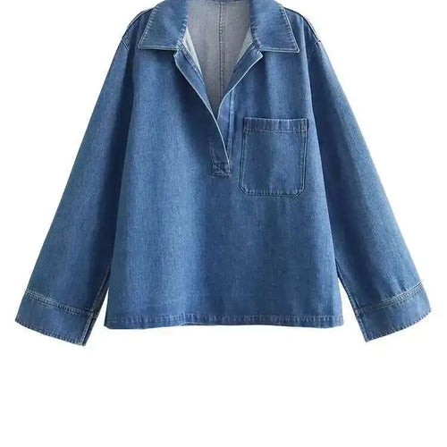 Load image into Gallery viewer, Big Size Blue Denim Shirt Wide Leg Pants Two Piece Suit New Lapel Long Sleeve Women Fashion Spring Autumn 2025 1DH6390

