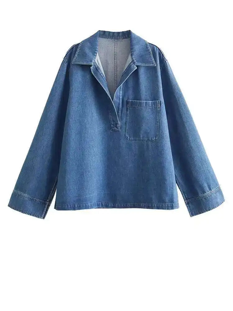 Big Size Blue Denim Shirt Wide Leg Pants Two Piece Suit New Lapel Long Sleeve Women Fashion Spring Autumn 2025 1DH6390