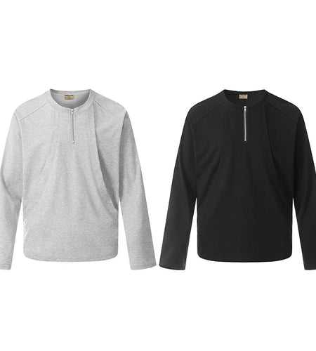 Men's T-shirts New Korean Long Sleeve Design Round Neck Half Zipper Solid Color Stylish Loose Male Clothing Spring 9W1764