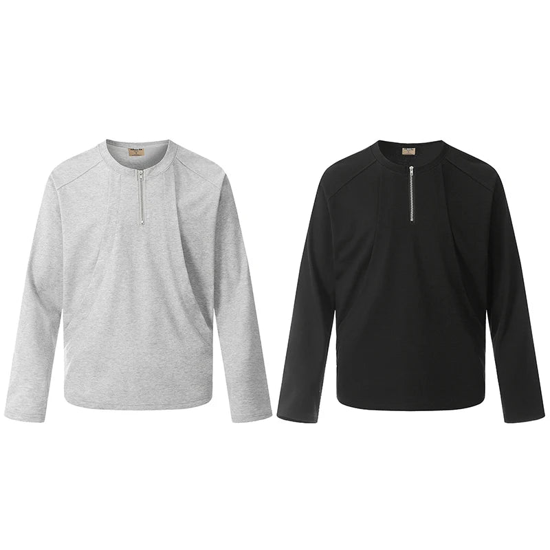 Men's T-shirts New Korean Long Sleeve Design Round Neck Half Zipper Solid Color Stylish Loose Male Clothing Spring 9W1764