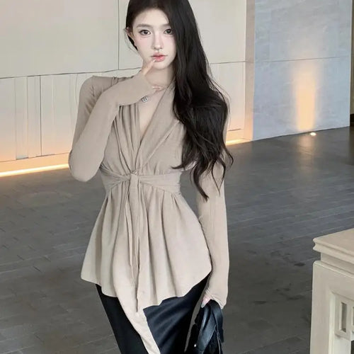 Load image into Gallery viewer, Women Black Beige V Neck Long Sleeve Bandage Pleated T Shirt Autumn Khaki Slim Casual Pullovers Tee Tops Streetwear Clothes Chic
