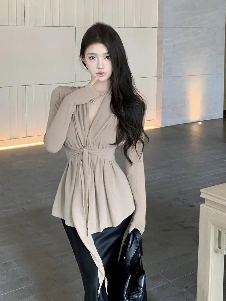 Women Black Beige V Neck Long Sleeve Bandage Pleated T Shirt Autumn Khaki Slim Casual Pullovers Tee Tops Streetwear Clothes Chic