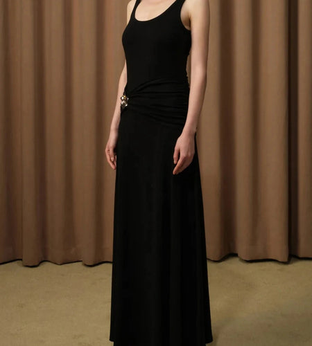 Solid Spliced Folds Slimming Dresses For Women Square Neck Sleeveless High Waist Temperament Long Dress Female New