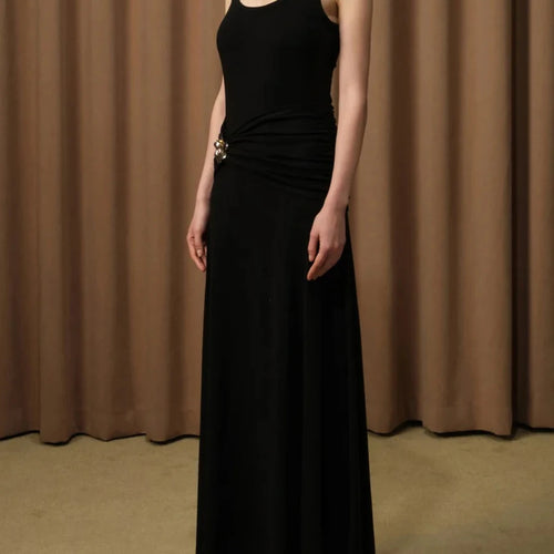 Load image into Gallery viewer, Solid Spliced Folds Slimming Dresses For Women Square Neck Sleeveless High Waist Temperament Long Dress Female New
